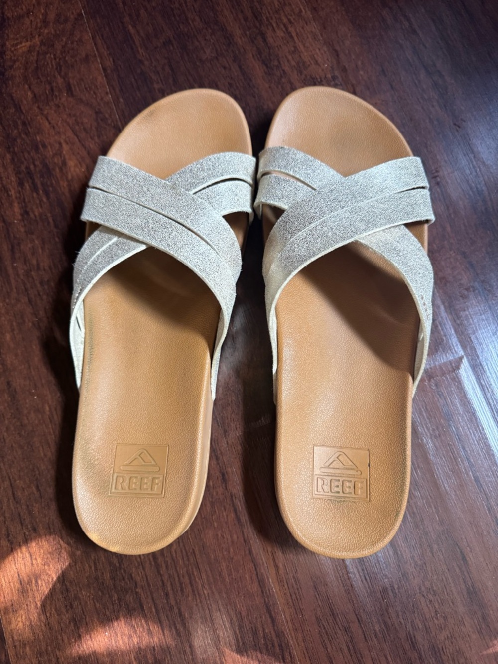 Reef Women's Metallic Cross-Strap Slide Sandals in Gold-Tan size 11